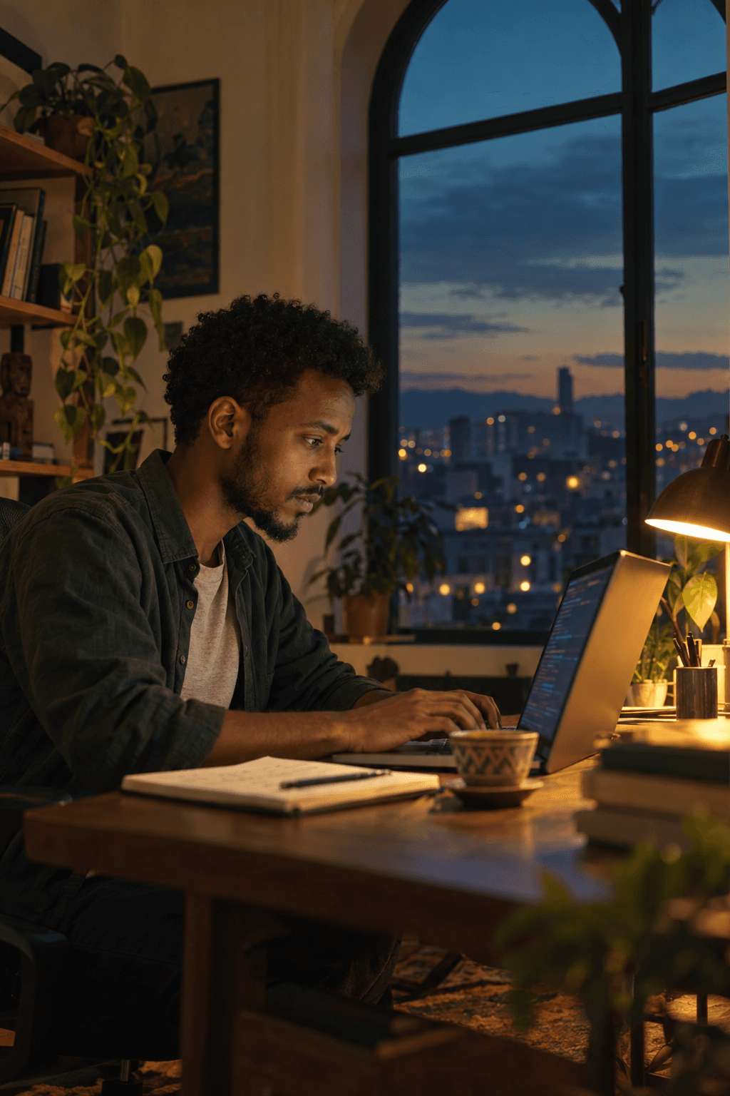 Illustration: a young Ethiopian developer writing code on a laptop at his desk in the evening, a cup of coffee beside him and the lights of Addis Ababa through an arched window.